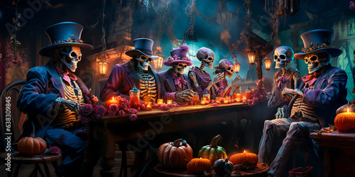 skeletons in stylish festive elegant outfit sitting at the table and celebrating Halloween © zamuruev