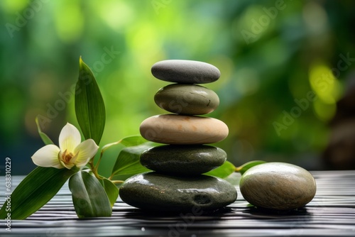 Stacked stones with wooden spa theme board  green leaves and sticks