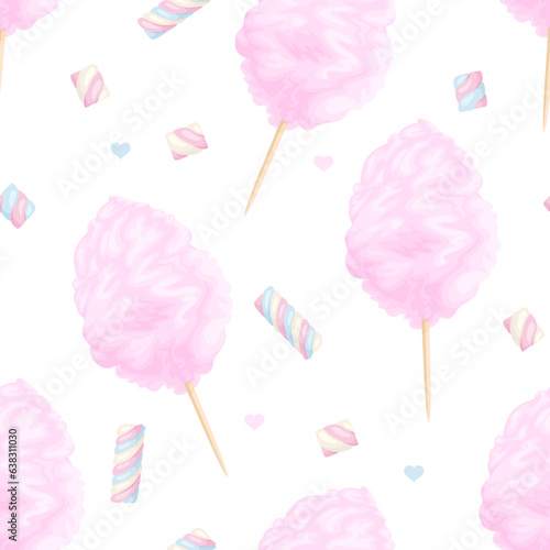 Pink cotton candy and marshmallows on white background. Seamless pattern with sweets. Vector cartoon illustration.