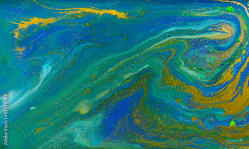 Artwork Flow of Gold and Blue Paint Abstract Texture
