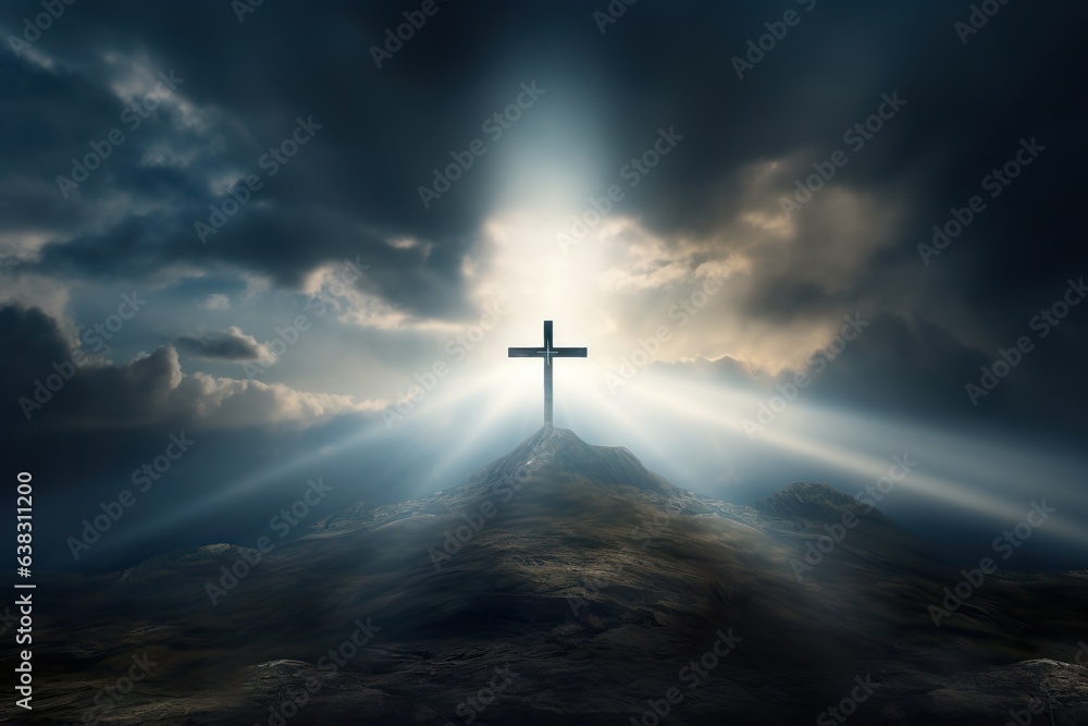 Obraz premium Holy Cross symbolizes the death and resurrection of Jesus Christ - The sky over Golgotha Hill is shrouded in mystery light and clouds