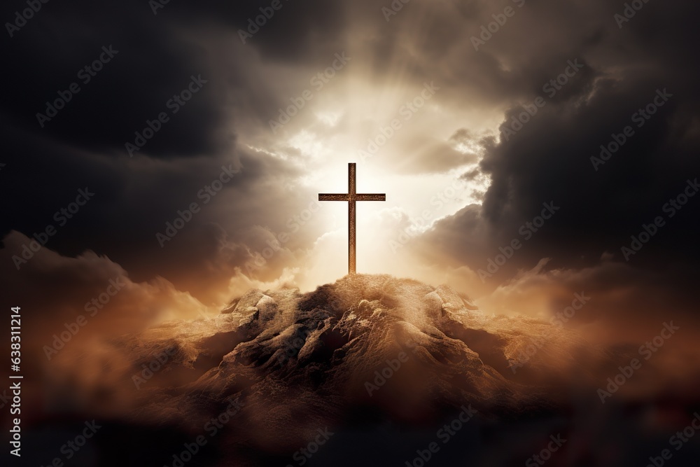 Holy Cross symbolizes the death and resurrection of Jesus Christ - The sky over Golgotha Hill is shrouded in mystery light and clouds
