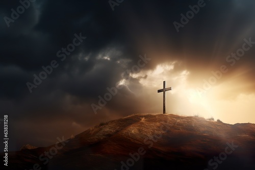 Holy Cross symbolizes the death and resurrection of Jesus Christ - The sky over Golgotha Hill is shrouded in mystery light and clouds