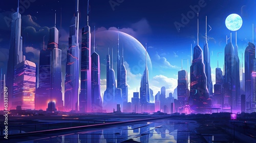 Retro-futuristic cityscape with towering holographic skyscrapers and neon-lit streets   generative AI