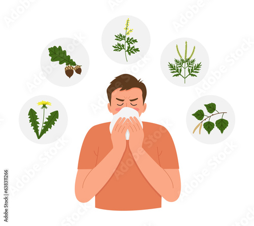 Allergy to bloom. Seasonal allergies. Boy with a runny nose and watery eyes. Symptoms of runny nose and cough.