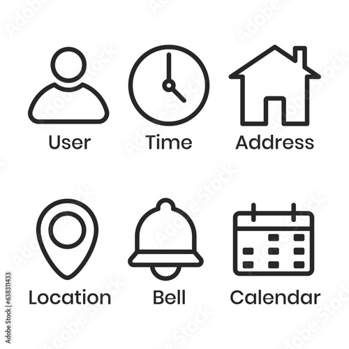 Clock Time Icon, Home Address Button, Pin Location Place, Bell Notification Reminder Icon, Date Calendar Symbol, Profile, Business Icon Set, User Interface, Official Hours, Deadline Design Elements photo