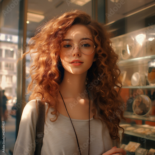 Chica con cabello rizado castaño claro y ojos castaños claros. IA generativa photo