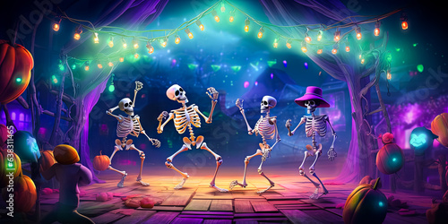 illustration of skeletons which dancing on Halloween disco party © zamuruev