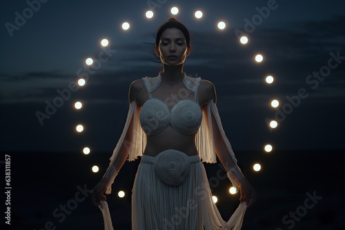 A goddess-like woman dressed in a futuristic and romantic fashion radiates a surreal aura of sun-like light, evoking a screenshot of an ethereal outdoor paradise photo