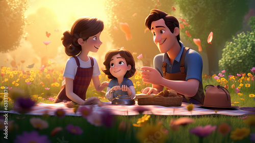 animation of the family happy picnic in the park and beautiful flower