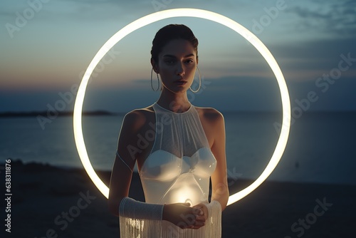 On a remote beach, a surreal and romantic goddess stands bathed in a warm, glowing sun-like aura, dressed in a pristine white dress that cascades around her like a soft embrace photo