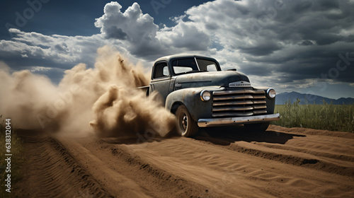 Pickup truck in motion on a country road with clouds