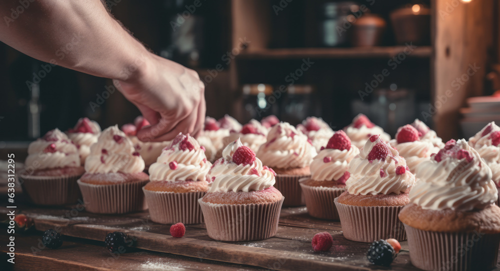 Women's hands of a confectioner, decorating cupcakes with raspberries. Pastry chef decorates the muffins with fresh berries. Generative AI.