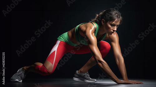 A woman posing on a dark background with her hands placed on her legs and feet, fitness stock photos