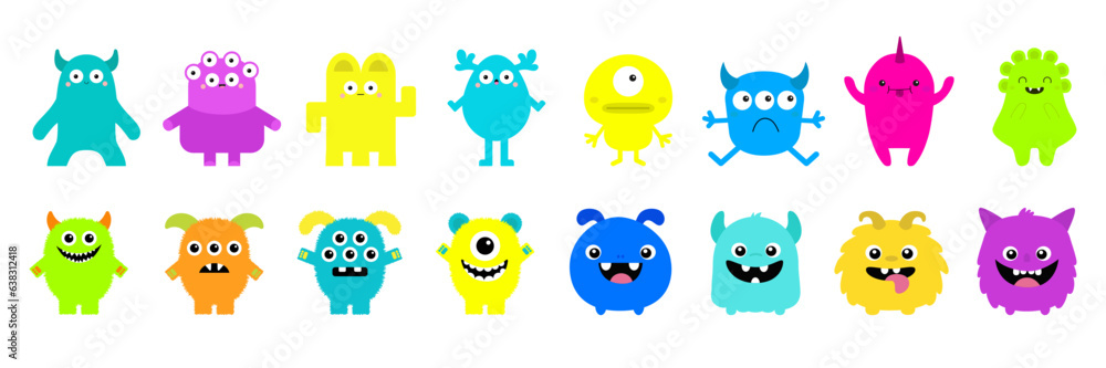 Happy Halloween Monster set line. Cute cartoon kawaii colorful scary funny character icon. Eyes, horns, hands, tongue, fang teeth . Funny baby collection. Flat design. White background Isolated. Happy Halloween Monster set line. Cute cartoon kawaii colorful scary funny character icon. Eyes, horns, hands, tongue, fang teeth . Funny baby collection. Flat design. White background Isolated.