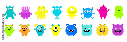 Happy Halloween Monster set line. Cute cartoon kawaii colorful scary funny character icon. Eyes, horns, hands, tongue, fang teeth . Funny baby collection. Flat design. White background Isolated.