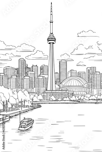 Canada Toronto cityscape black and white coloring page for adults. Buildings, canal, street, landmarks vector outline doodle sketch for anti stress color book