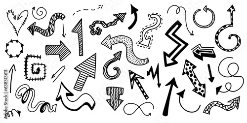 Charcoal arrows vector icons set. Hand drawn freehand different curved lines, swirls arrows. Doodle arrow illustration. Vector.