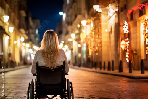 Wallpaper Mural a young woman sitting in a wheelchair. she is alone on a street that is lit up. Torontodigital.ca