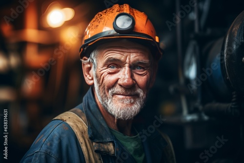 Old senior man worker engineer with beard on the plant, close-up portrait