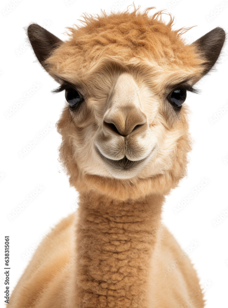 Portrait of a dromedary camel isolated on a white background as transparent PNG, animal