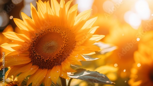 Close-up of sunflower on the golden background with sunlit photo