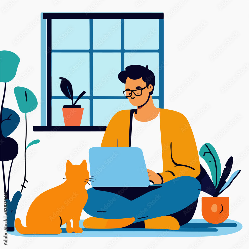Person Work form home with accompany of their pet cat or dog 