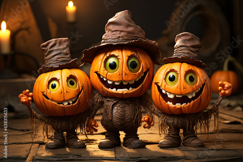 halloween greeting card with cartoon characters pumpkins in autumn at night. Generative AI