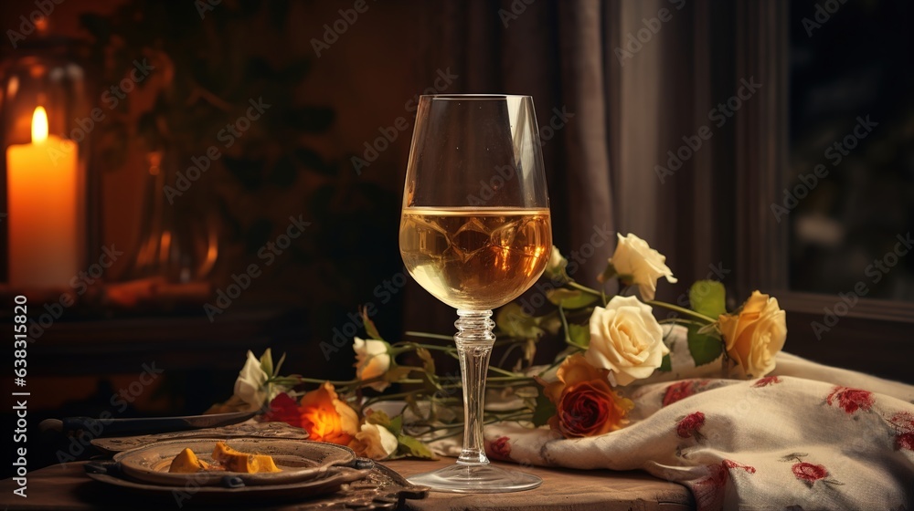 romantic glass of white wine, vintage atmosphere