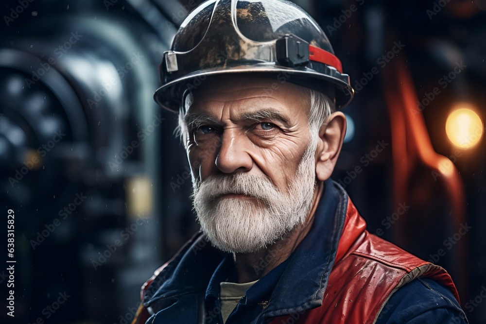 Old senior man worker engineer with beard on the plant, close-up portrait Old senior man worker engineer with beard on the plant, close-up portrait