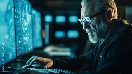 Focused older man in glasses working on computer. Blue reflection on his glasses and everywhere