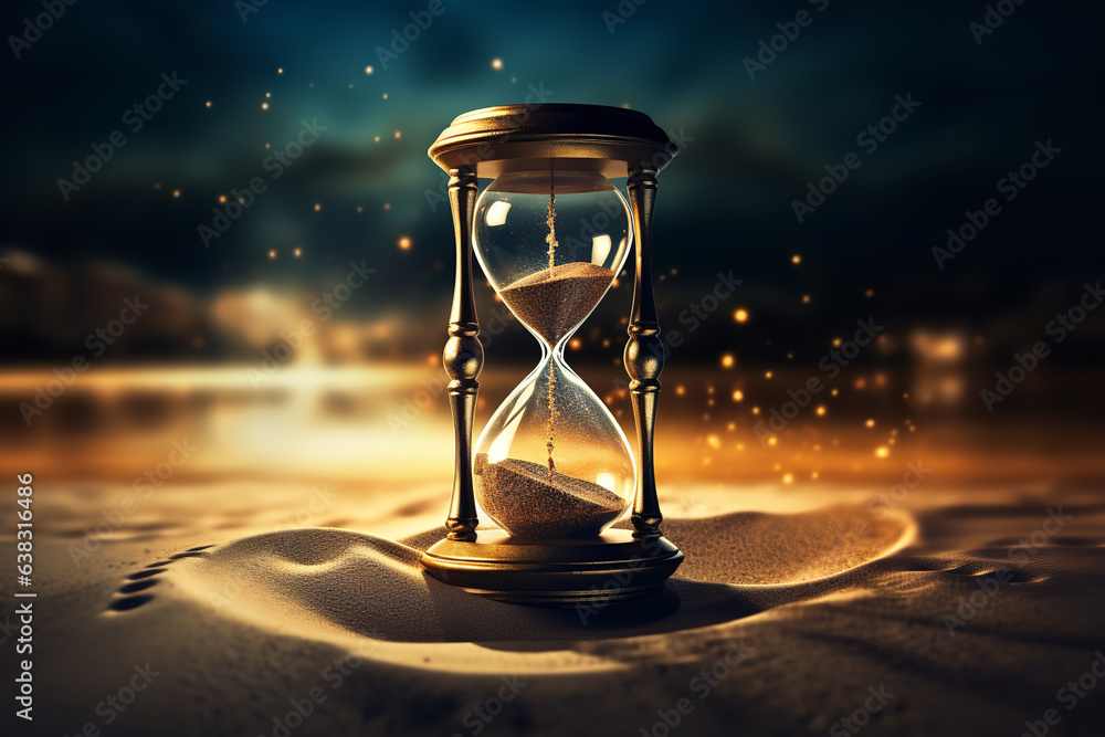 Time unveils all: golden sands of an hourglass slowly uncover a concealed message, hinting at secrets time-bound - obrazy, fototapety, plakaty 
