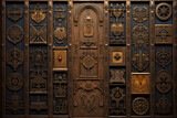 An adorned door marked with intricate symbols, each an encrypted tale or secret awaiting deciphering by curious souls