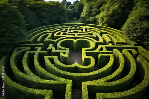 A verdant labyrinth, its towering hedges guarding a concealed heart, challenges seekers of the garden's secretive core