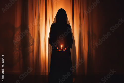A dimly lit figure, hidden behind a translucent curtain, holds a candle, revealing just enough to intrigue and mystify