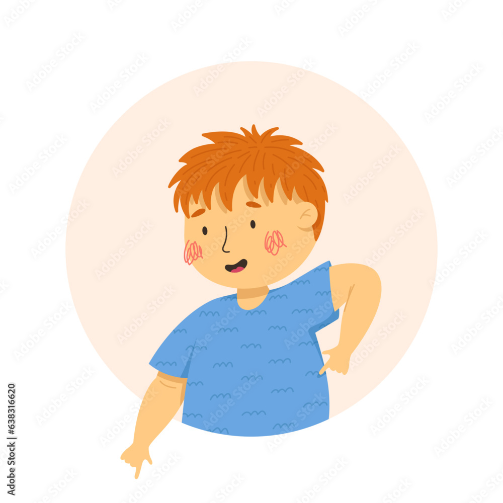 Happy little boy pointing fingers down. Vector cartoon illustration. Funny kids characters. Child in the colorful circle and the white background. Ideal for avatar, portrait, stickers Happy little boy pointing fingers down. Vector cartoon illustration. Funny kids characters. Child in the colorful circle and the white background. Ideal for avatar, portrait, stickers