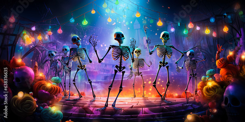 illustration of skeletons which dancing on Halloween disco party © zamuruev