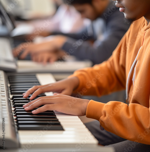 A close-up of a students fingers typing on a keyboard, education stock images