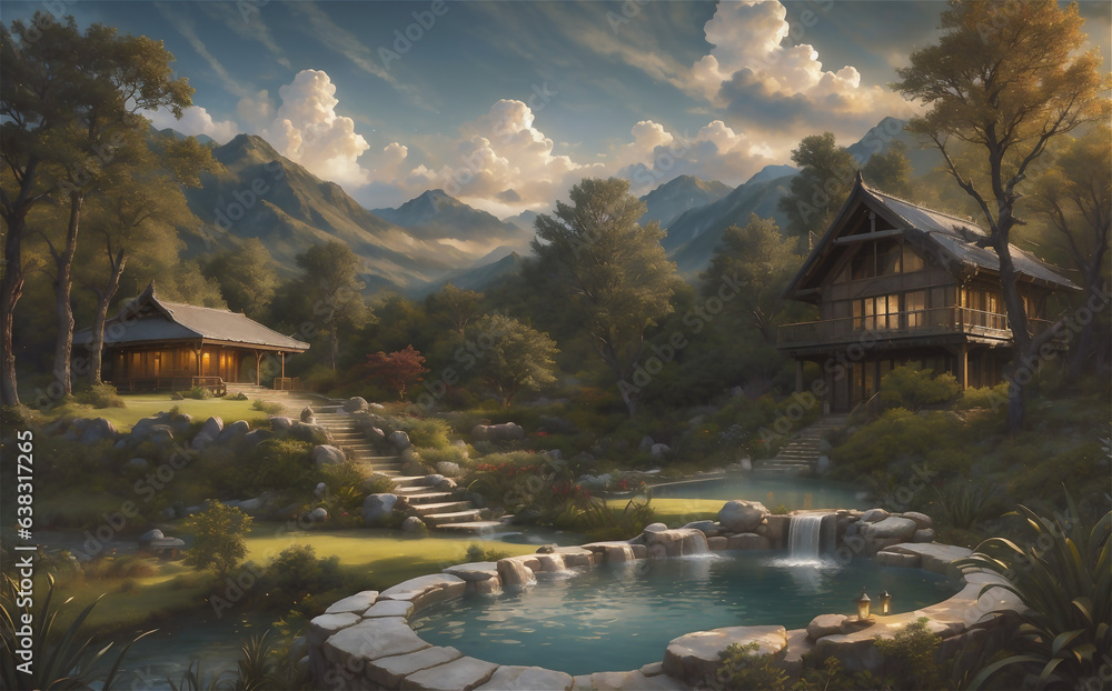 Fototapeta premium Mountain and lake Landscape. Cartoon mountains, forest and river scene. Wildlife mystical, Hiking adventure