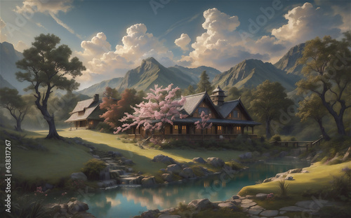 Mountain and lake Landscape. Cartoon mountains, forest and river scene. Wildlife mystical, Hiking adventure