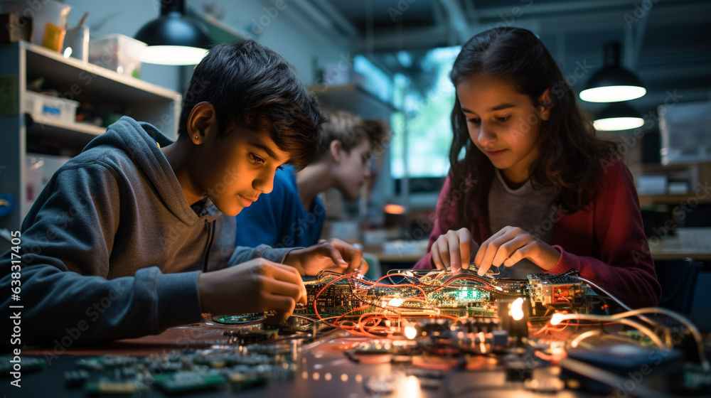 Students working on electronics at a table, education stock images