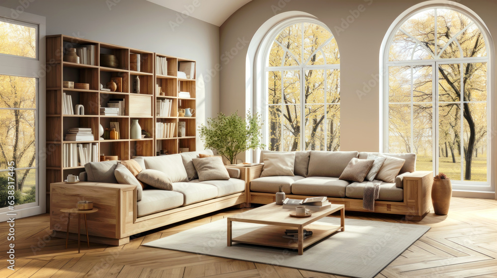 Fototapeta premium Modern Scandinavian minimalist style living room interior. Generative AI