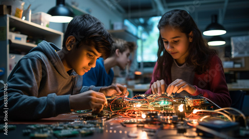 Students working on electronics at a table  education stock images