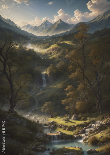 Mountain and lake Landscape. Cartoon mountains, forest and river scene. Wildlife mystical, Hiking adventure