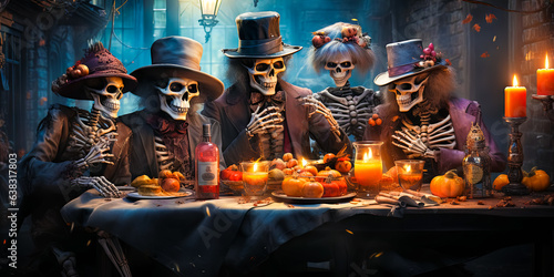 skeletons in stylish festive elegant outfit sitting at the table and celebrating Halloween