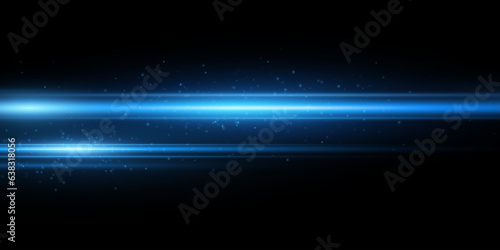 Lens flare effect with flying dust isolated on black background. Sparkling blue rays. Vector illustration.