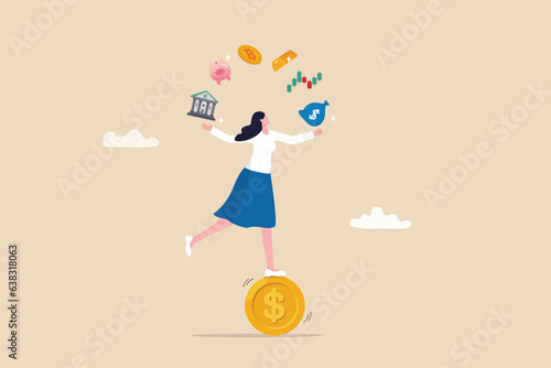 Investment expert, financial professional or wealth management, savings or trader for earning profit, stock market analyst, financial advisor planning concept, businesswoman juggling finance elements.