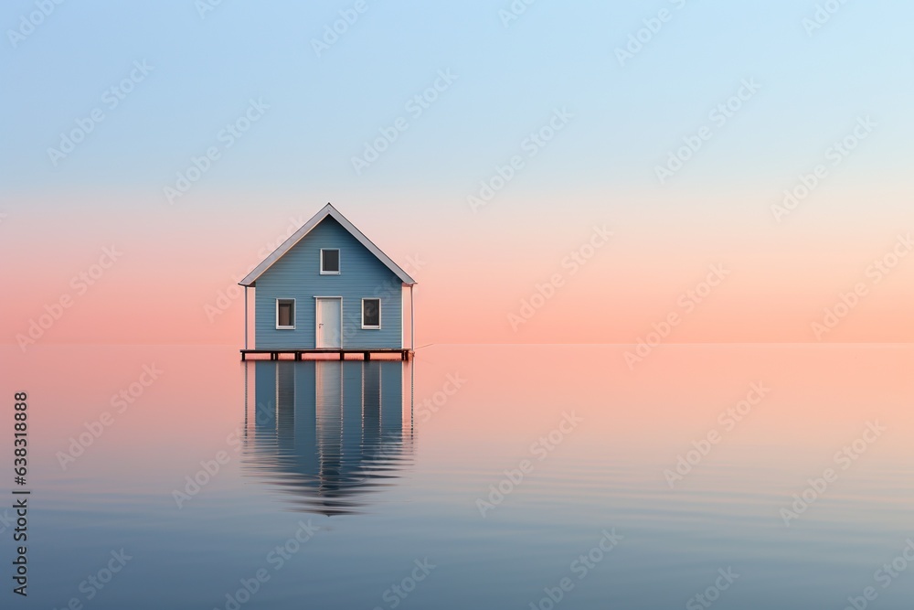 Color, composition, house outline, purity, softness, sea surface, evening sunlight
