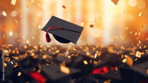 Throwing graduation hats with confetti background, Graduation day concept.