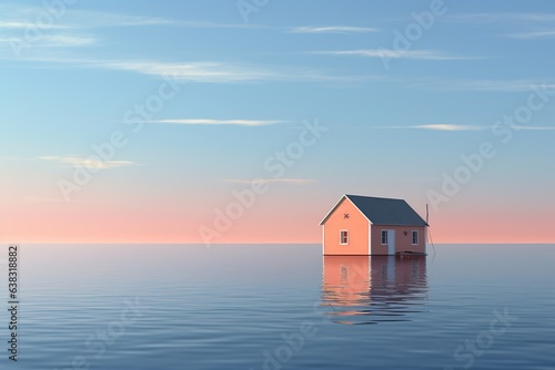 Color, composition, house outline, purity, softness, sea surface, evening sunlight